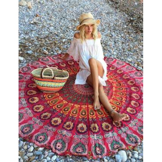 Peacock Print Red Boho Beach Blanket 