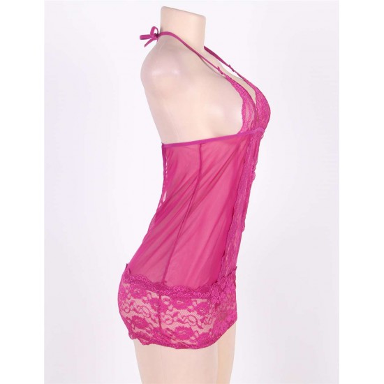 Rosy Red Lace Mesh Babydoll