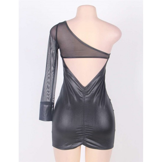 One Sleeve Black Mesh Leather Bodycon Dresses