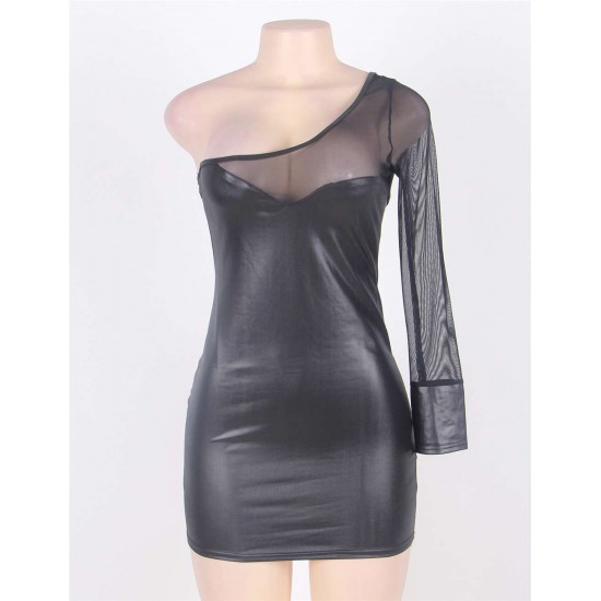 One Sleeve Black Mesh Leather Bodycon Dresses