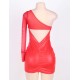 One Sleeve Red Mesh Leather Bodycon Dresses