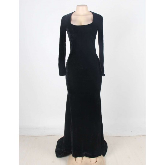 Plus Size Black Long Sleeve Pattern Back Sheer Prom Dress