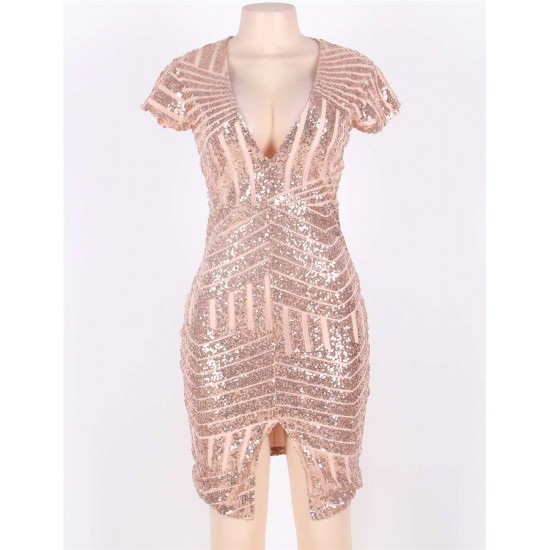 In Stock Rose Gold Sequins V Neck Sexy Dress 