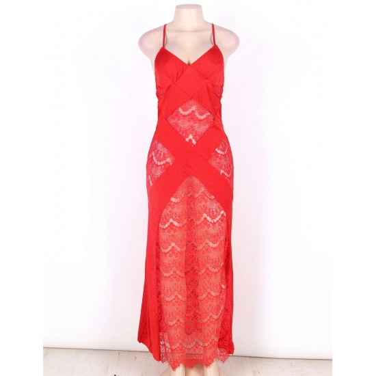 Red Lace Cross Open Back Long Dress