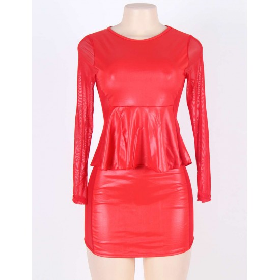 Mesh Inset Peplum Red Top and Skirt