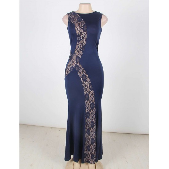 Plus Size Lace Panel Ruffle Dark Blue Maxi Dress