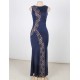 Lace Panel Ruffle Dark Blue Maxi Dress