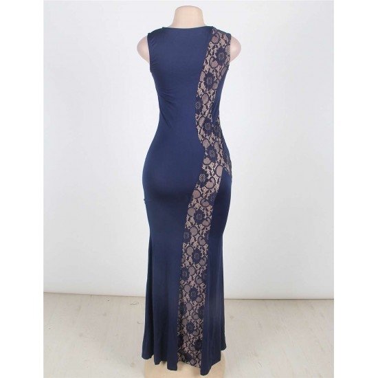 Plus Size Lace Panel Ruffle Dark Blue Maxi Dress