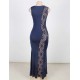 Plus Size Lace Panel Ruffle Dark Blue Maxi Dress