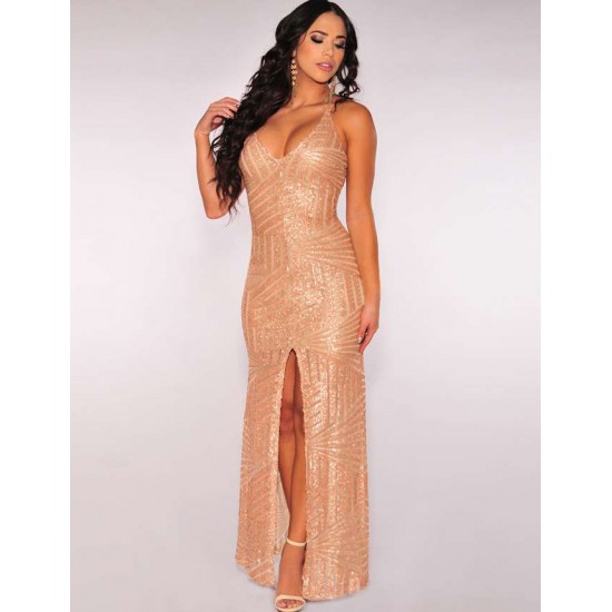 Slit Front Sequins Backless Dress