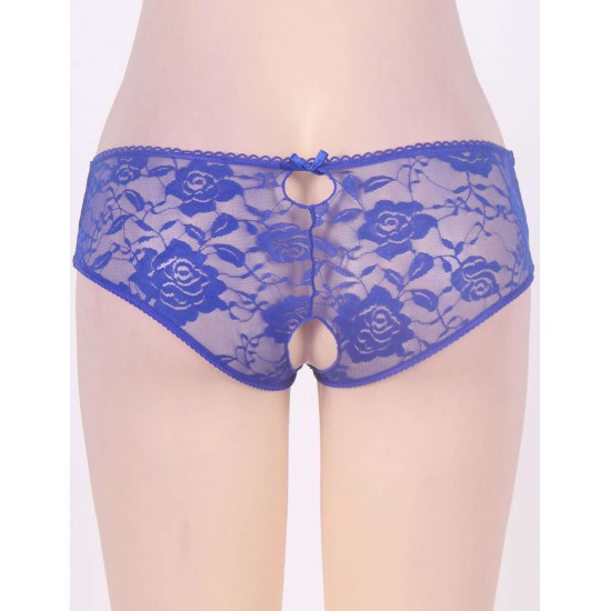 Blue Open Crotch Strappy Lace Thongs