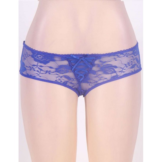 Blue Open Crotch Strappy Lace Thongs