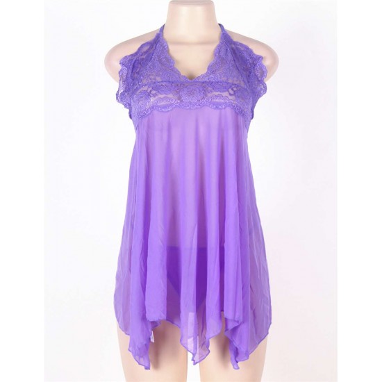 Purple Plus Size Halter Lace Top Babydoll