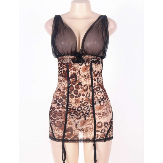 Plus Size Transparent Bra Leopard Print Babydoll