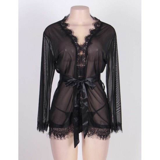 Black Sheer Lace Trim Sexy Robe With Belts