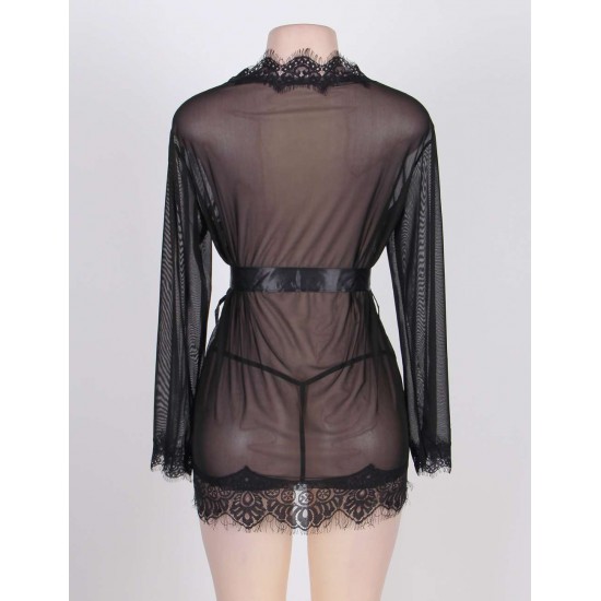 Black Sheer Lace Trim Sexy Robe With Belts