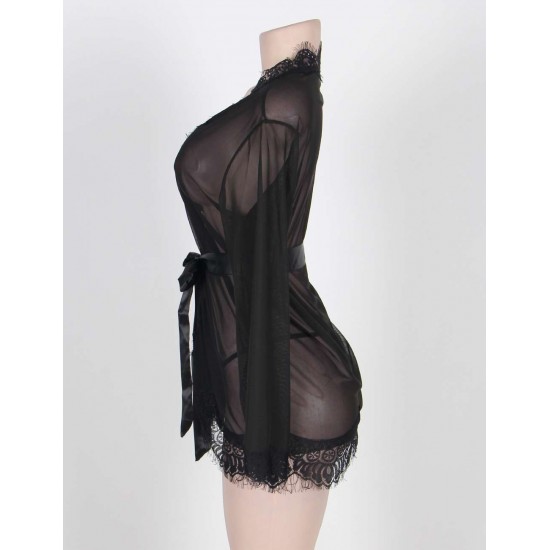 Black Sheer Lace Trim Sexy Robe With Belts