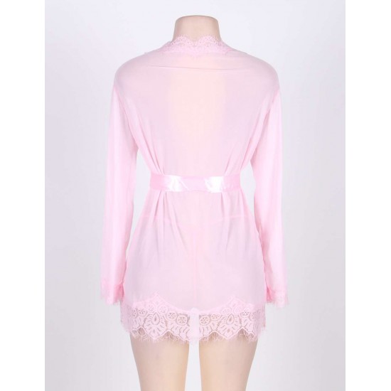 Sexy Pink Sheer Lace Trim Robe With G-String