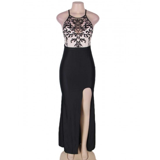 Black Embroidery Halter Evening Gown