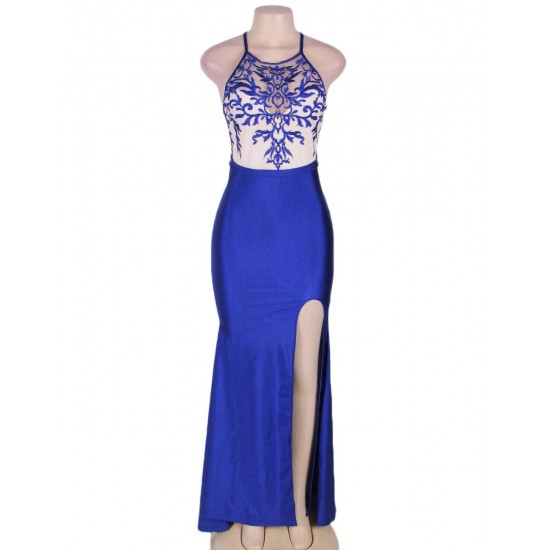 Plus Size Blue Embroidery Elegant Slit Evening Dress