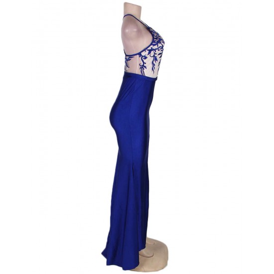 Blue Embroidery Elegant Slit Evening Dress