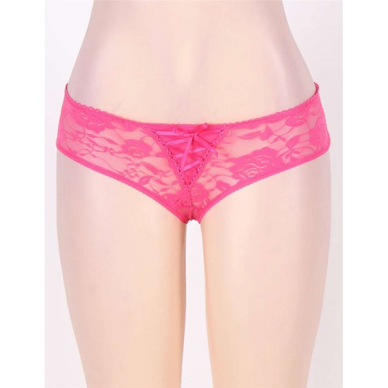 Pink Plus Size Floral Lace Strappy Open Crotch Panty