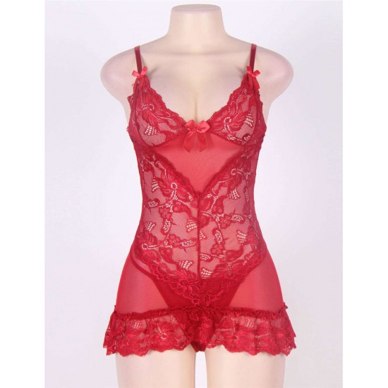 Red Plus Size Transparent Lace Floral Babydoll