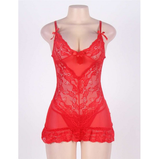 Bright Red Sexy Plus Size Floral Lace Babydoll