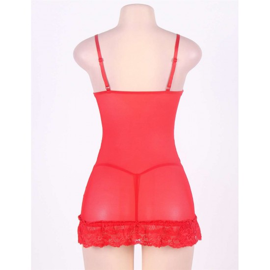 Bright Red Sexy Plus Size Floral Lace Babydoll