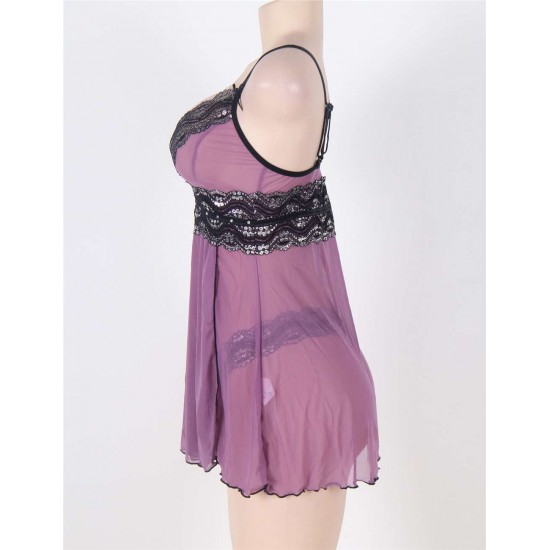 Purple Plus Size Mesh and Metallic Lace Babydoll