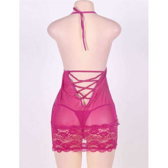 Rosy Plus Size Croch Back Lace Mesh Halter Babydoll