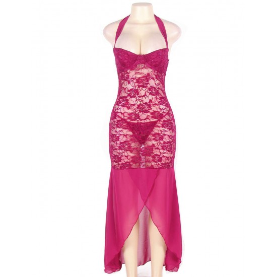 Plus Size Rosy Halter Long Mesh And Lace Dress