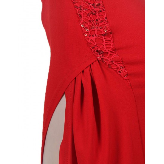 Elegant Red Side Lace Detail Ruched Dress