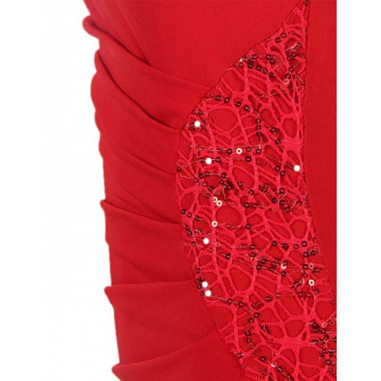 Plus Size Elegant Red Side Lace Detail Ruched Dress