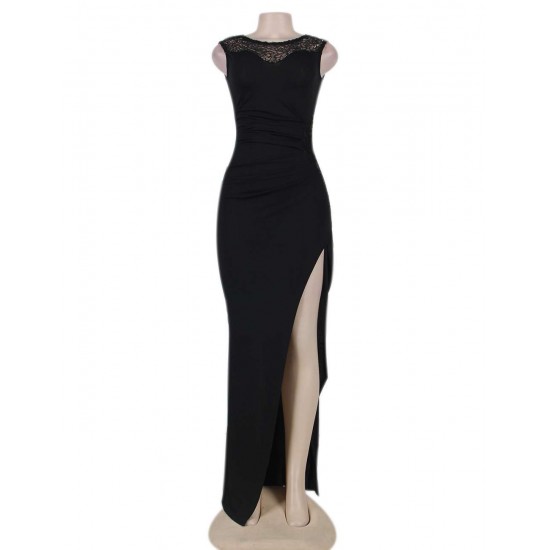 Elegant Black Slit Side Ruched Dress