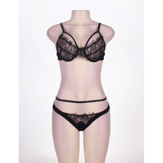 Black Eyelash Lace Girdle Bra Set