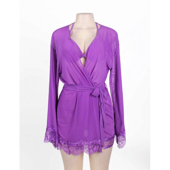 Purple Sheer Mesh And Eyelash Lace Robe Set