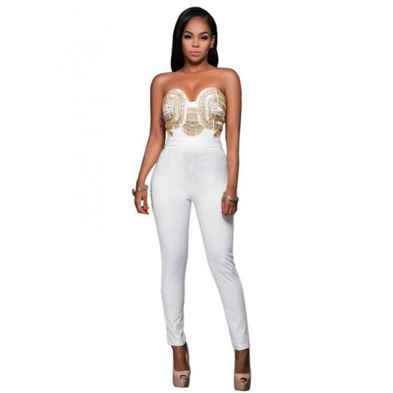 Off-White Gold Embellished Strapless Jumpsuit