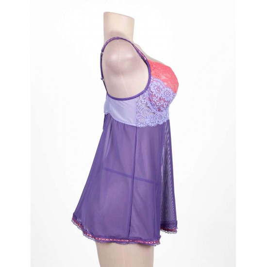 Plus Size Purple And Pink Lace Cup Babydoll Set