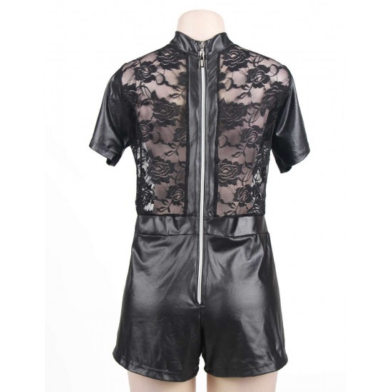 Short Sleeve Wet Look And Lace Bodysuit