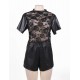 Short Sleeve Wet Look And Lace Bodysuit