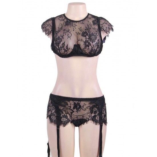 Plus Size Black Lace Halter Bra Set with bra rim