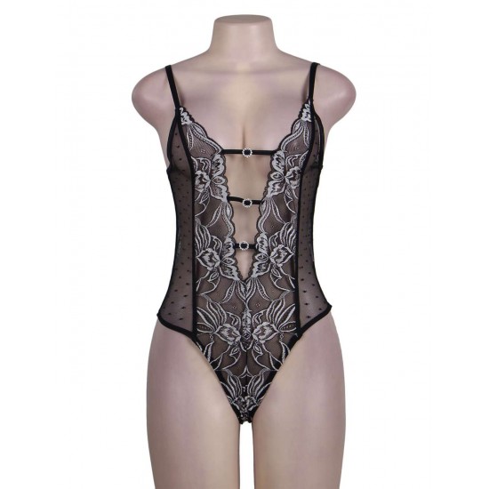 Halter Black Lace Teddy With Embroidery