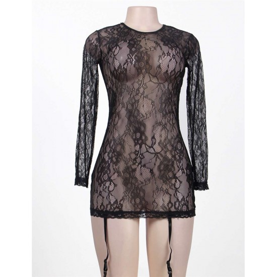 Black Long Sleeve Lace Floral Chemise