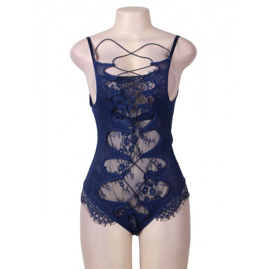 Sexy Blue Lace Backless Bustier Teddy