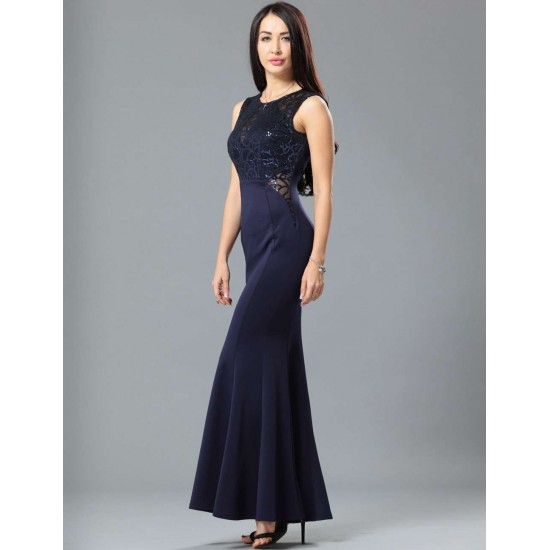 Dark Blue Ruffle Open Back Maxi Dress