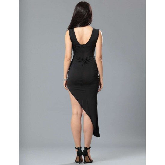 Black Side Ruched Asymmetric Maxi Dress