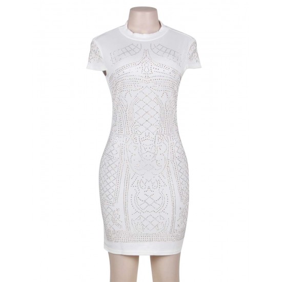 White Gold Studded Short Sleeves Dress