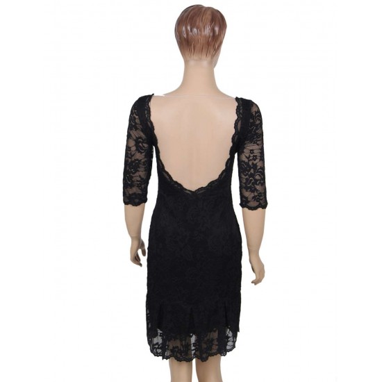 Black Sexy Round Neck Lace Bodycon Dress