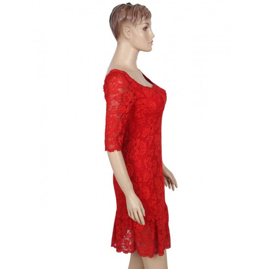 Plus Size Red Short Sleeve Round Neck Lace Bodycon Dress